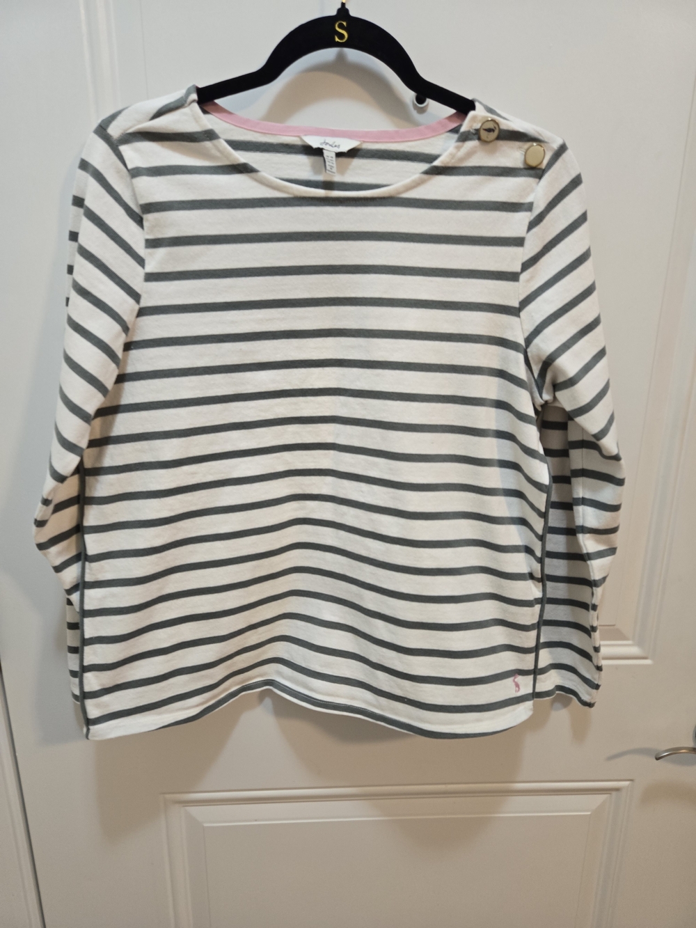 Joules Cream and Gray Striped Long Sleeve Tee with Shoulder Buttons